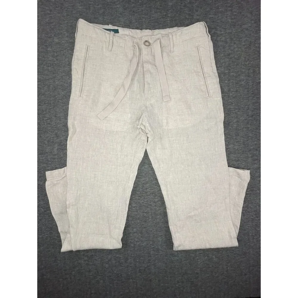 Perry Ellis Size 29(31) 100% Linen Flat Front Dress Pants Button Fly Cream Beach
